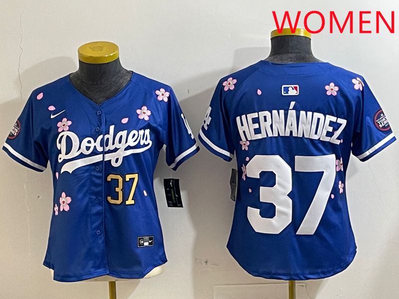 Women Los Angeles Dodgers #37 Hernandez Blue Sakura Edition 2025 Nike MLB Jersey style 4